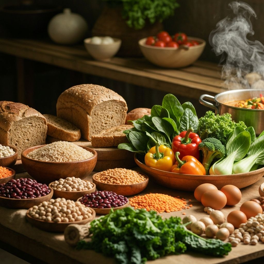B-vitamin rich foods including grains, legumes, and vegetables
